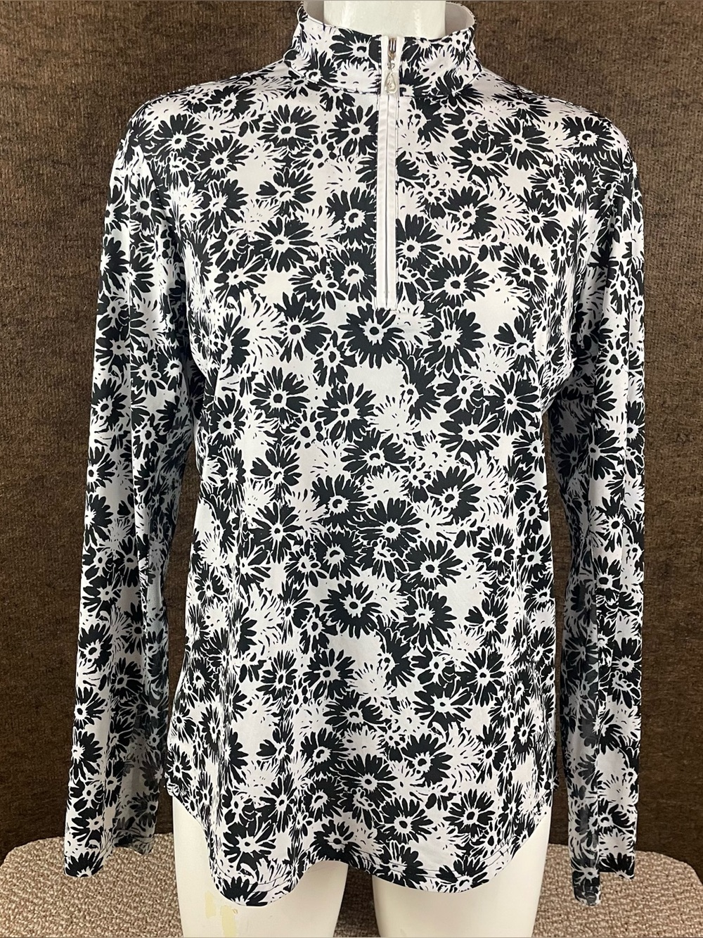 SanSoleil Top Women's L Long Sleeve 1.4 Zip Black White Print Athleisure Ws